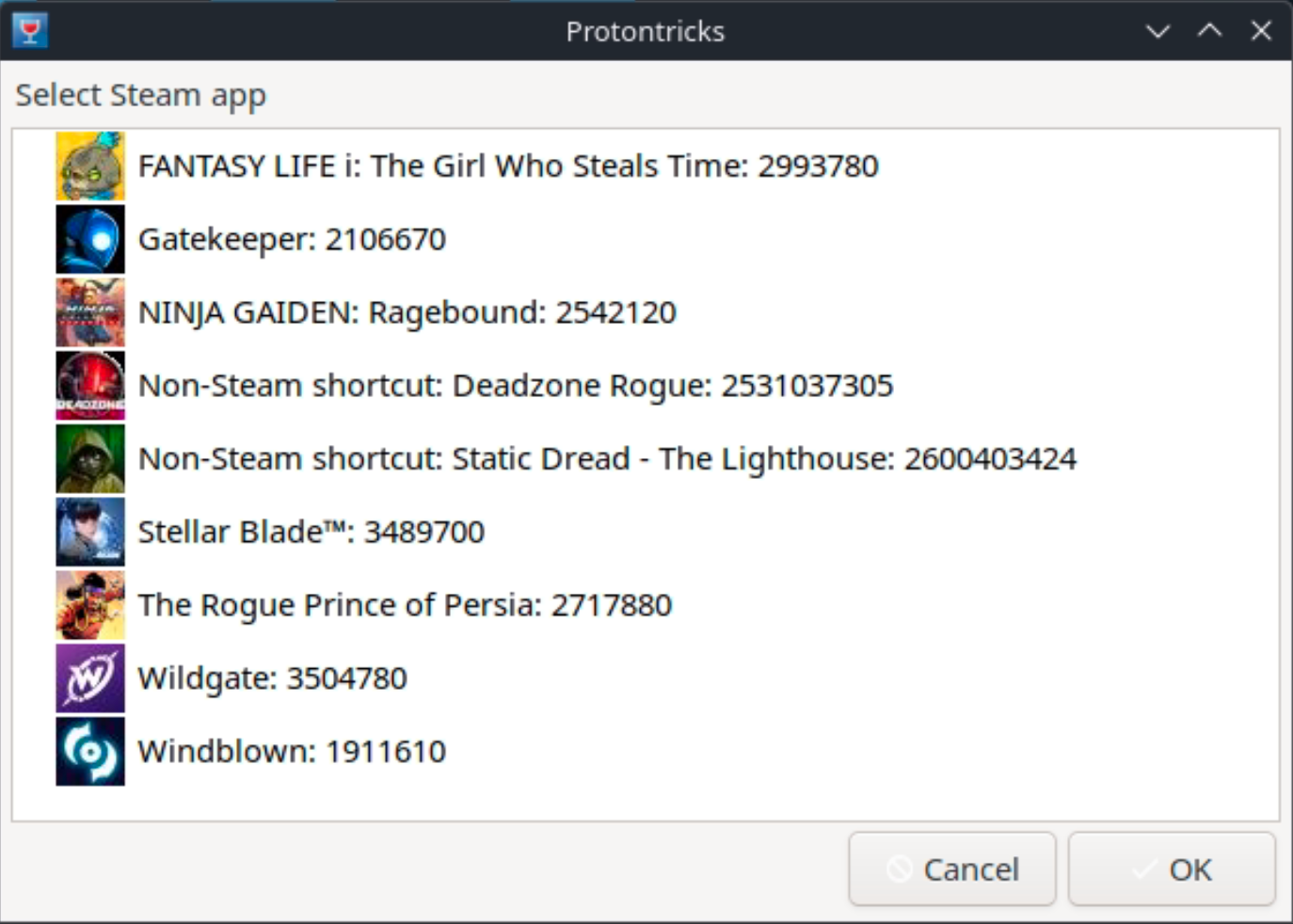 Окно выбора игры в ProtonTricks